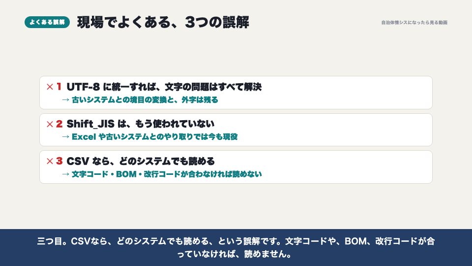 動画の画面:現場でよくある誤解(文字コードの種類)