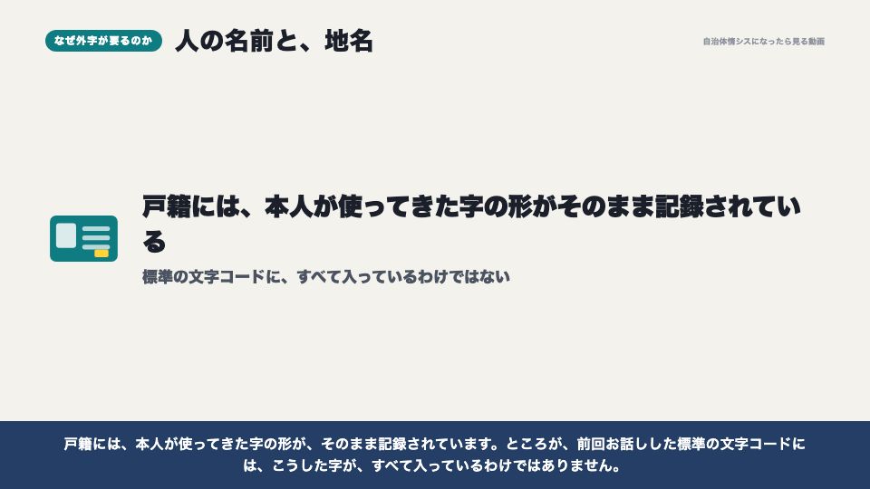 動画の画面：人の名前と、標準の文字コード（外字とは）