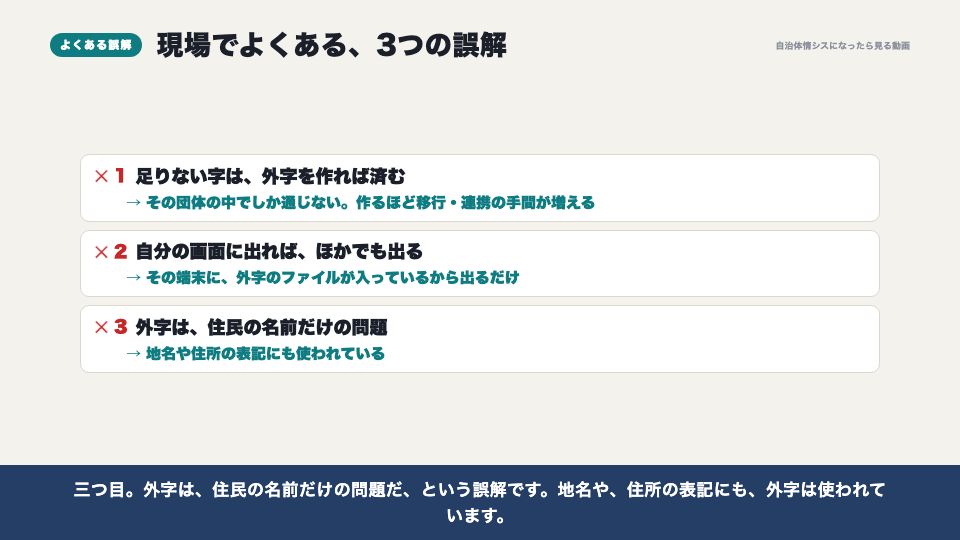 動画の画面：現場でよくある誤解（外字とは）