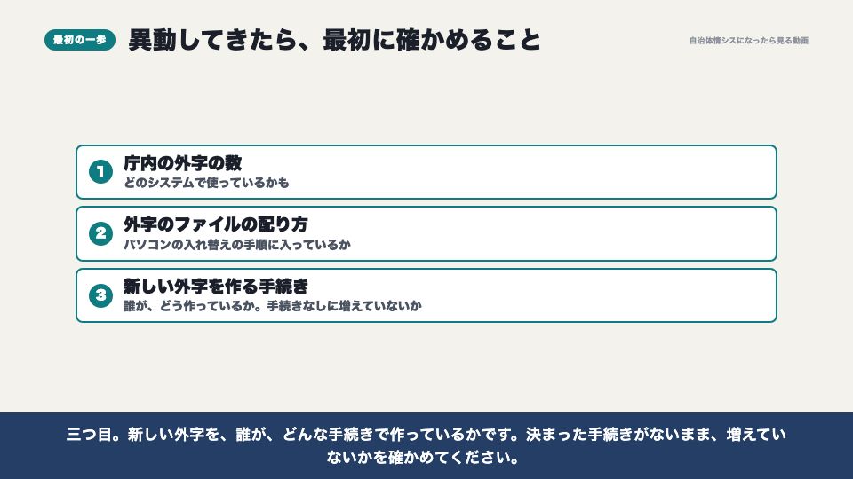 動画の画面：異動してきたら最初に確かめること（外字とは）