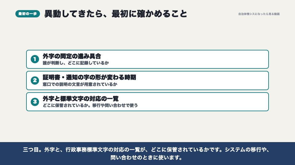 動画の画面:異動してきたら最初に確かめること(外字の取り扱いと、文字の標準化)