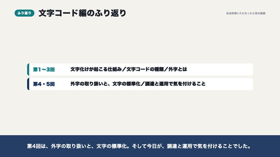 動画の画面:文字コード編のふり返り(調達と運用で気を付けること)