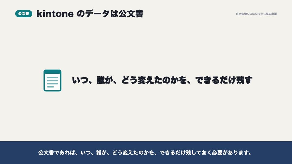 動画の画面：kintoneのデータは公文書（運用方針と、公文書・バックアップ）