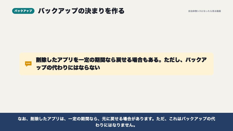 動画の画面：バックアップの決まり（運用方針と、公文書・バックアップ）
