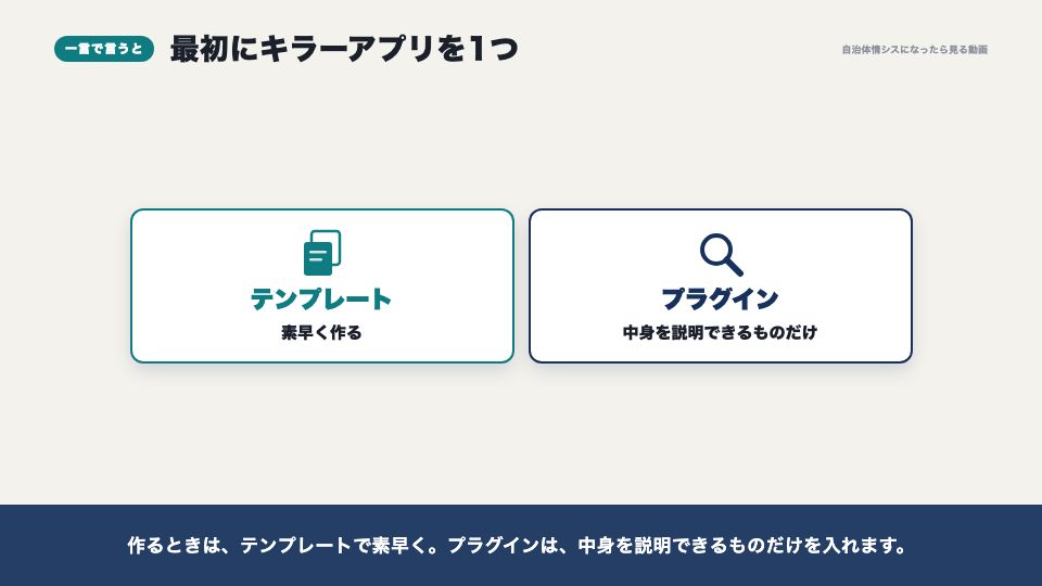 動画の画面：一言で言うと（キラーアプリと、テンプレート・プラグイン）