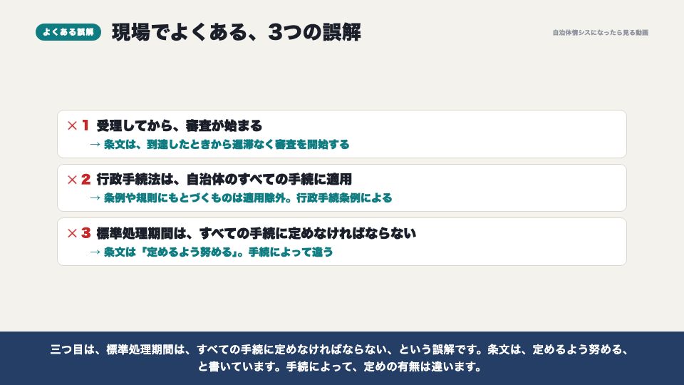 動画の画面：現場でよくある誤解（行政手続法のきほん）