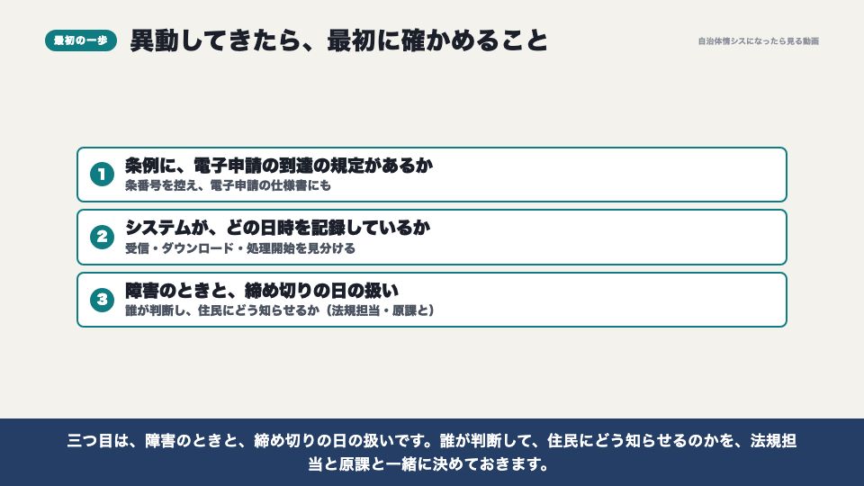 動画の画面：異動してきたら最初に確かめること（電子申請は、いつ「届いた」のか）