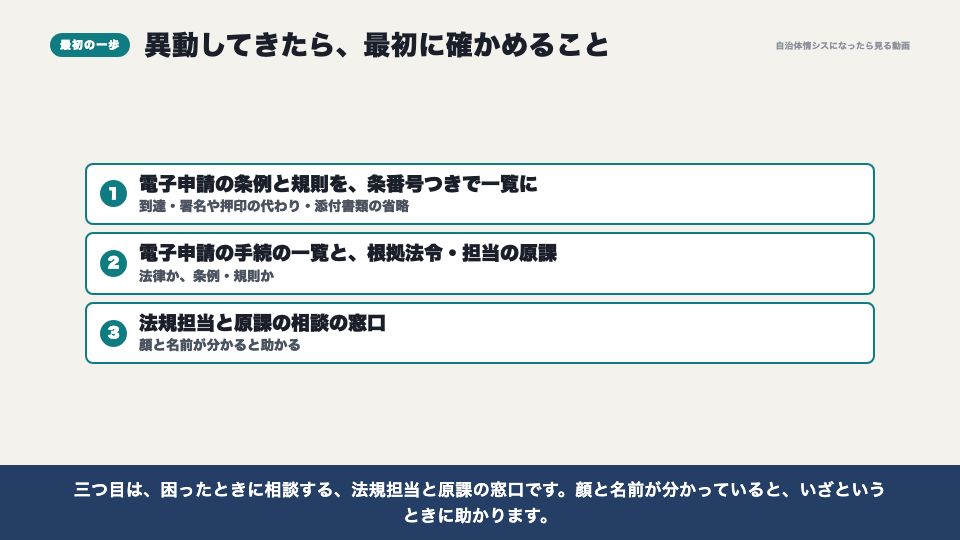 動画の画面:異動してきたら最初に確かめること(自治体の条例と規則を読む)