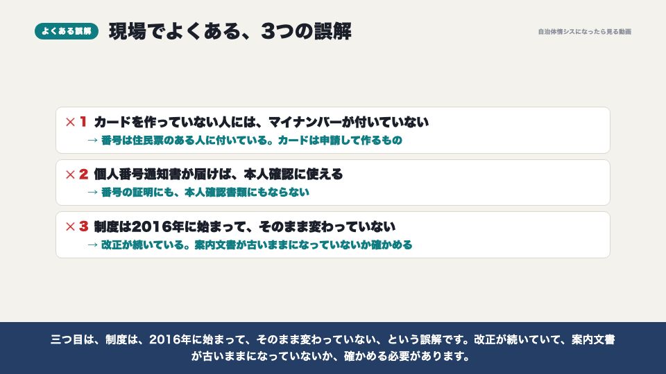 動画の画面:現場でよくある誤解(マイナンバー制度の経緯)