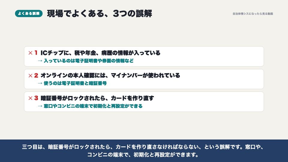 動画の画面：現場でよくある誤解（マイナンバーカードの仕組み）