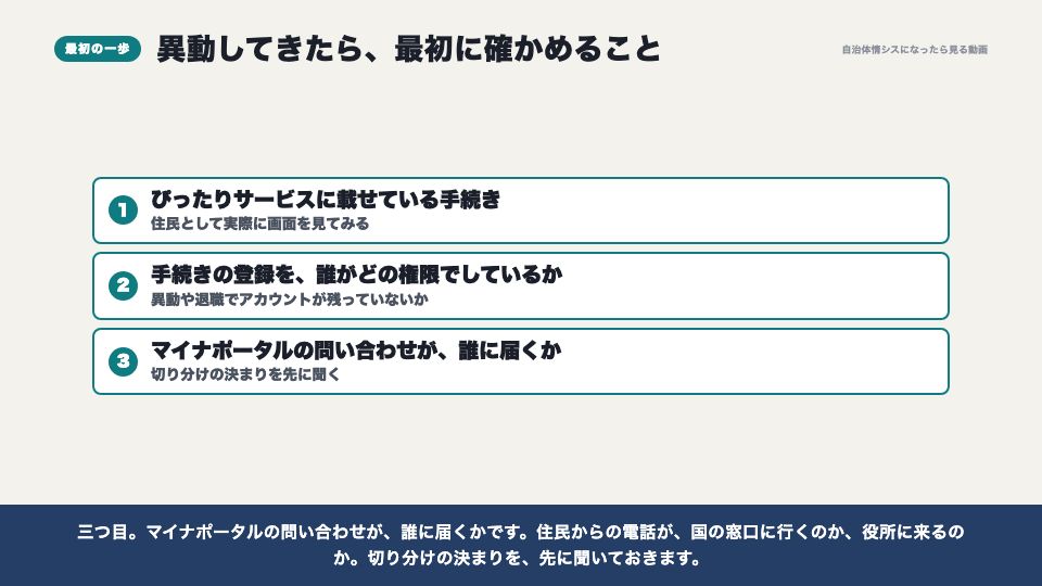 動画の画面：異動してきたら最初に確かめること（マイナポータルとぴったりサービス）