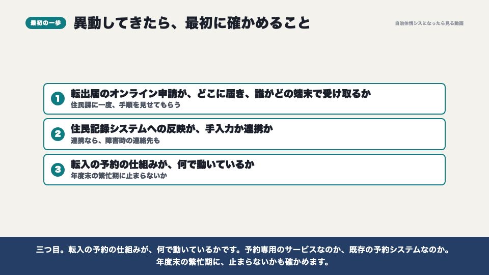 動画の画面：異動してきたら最初に確かめること（引越しワンストップサービス）