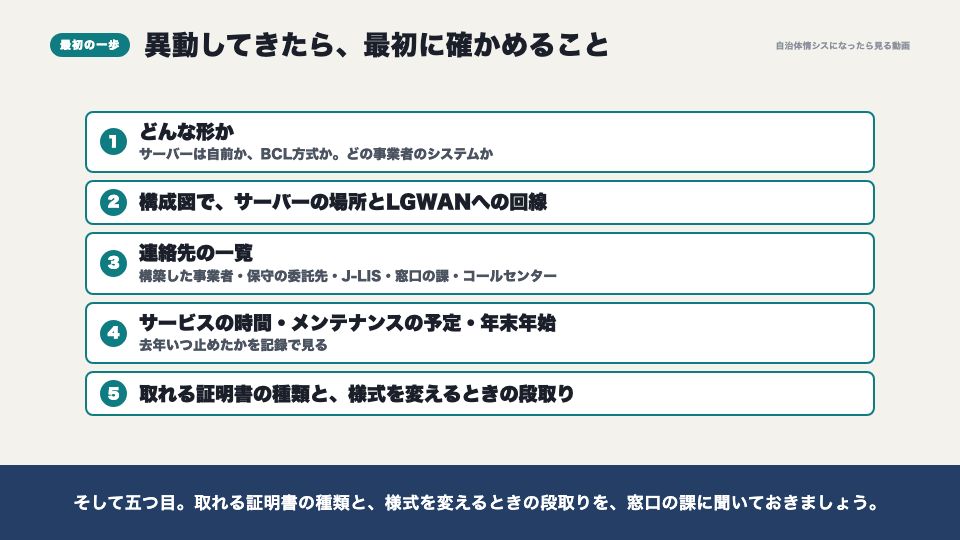 動画の画面：異動してきたら最初に確かめること（証明書のコンビニ交付）