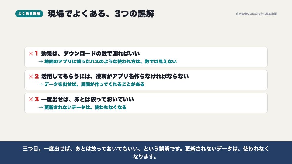動画の画面:現場でよくある誤解(オープンデータの活用事例)