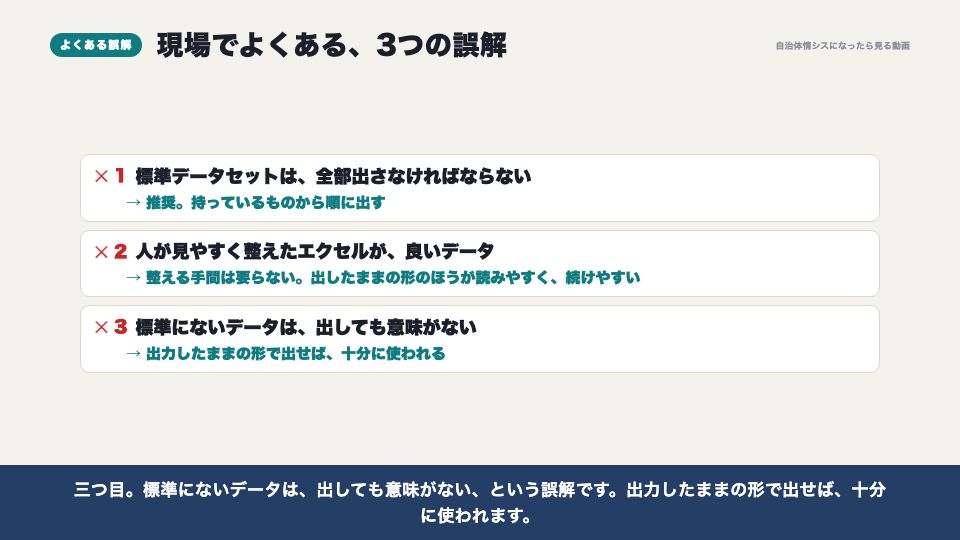 動画の画面:現場でよくある誤解(標準データセットと、データの形式)