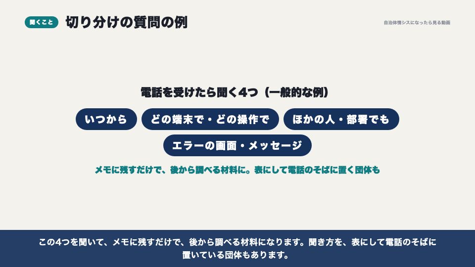動画の画面:切り分けの質問の例(障害が起きたときの初動)