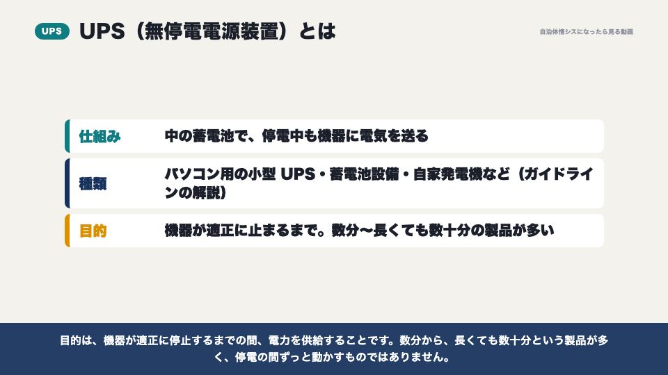 動画の画面：UPSとは（サーバー室と電源（UPS））