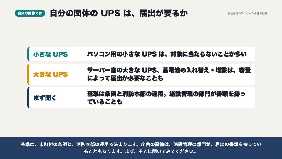 動画の画面：自分の団体では（サーバー室と電源（UPS））