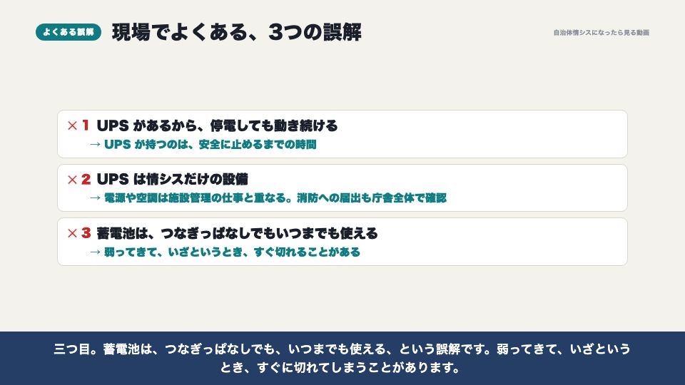動画の画面：現場でよくある誤解（サーバー室と電源（UPS））