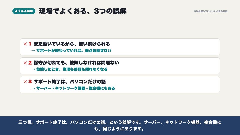 動画の画面:現場でよくある誤解(保守契約と機器の更新時期)