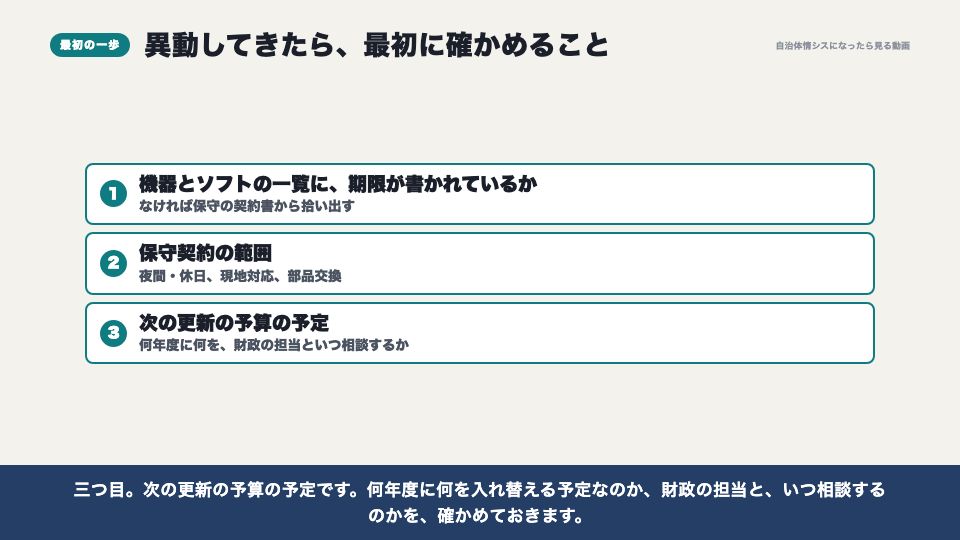 動画の画面:異動してきたら最初に確かめること(保守契約と機器の更新時期)