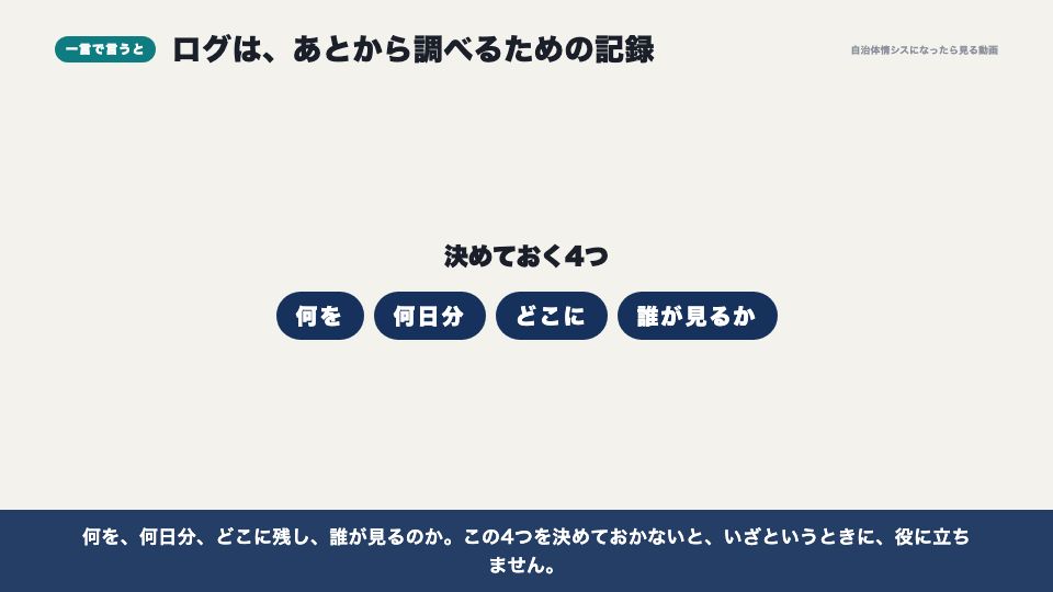 動画の画面:一言で言うと(ログの保管)
