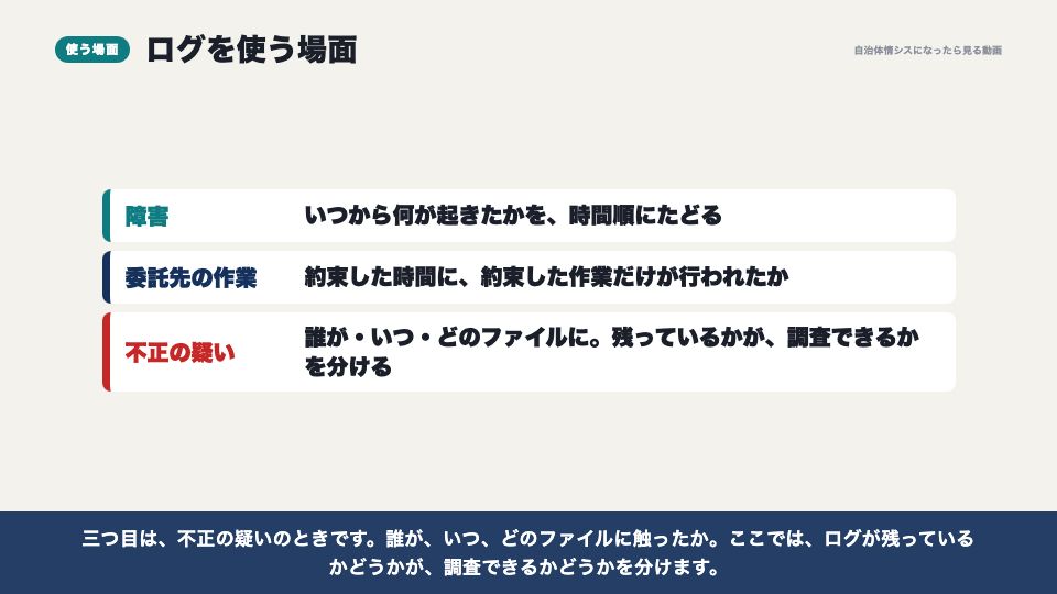 動画の画面:ログを使う場面(ログの保管)