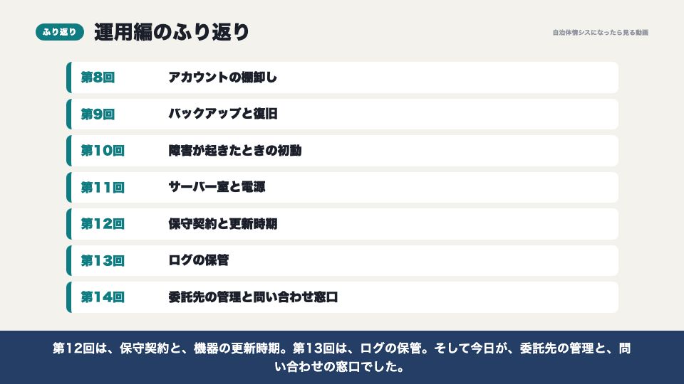動画の画面:運用編のふり返り(委託先の管理と、問い合わせ窓口)