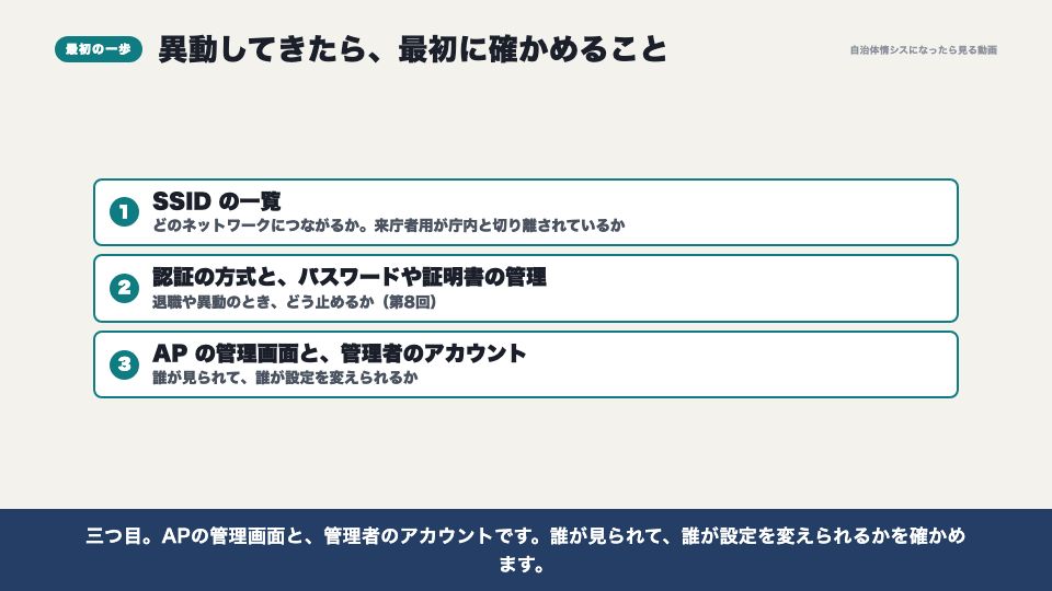 動画の画面:異動してきたら最初に確かめること(無線LAN)