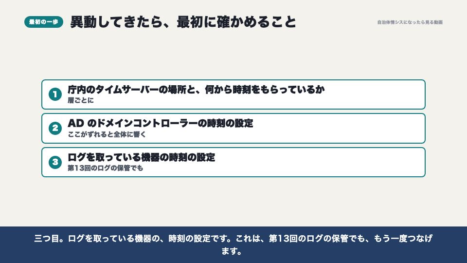 動画の画面:異動してきたら最初に確かめること(タイムサーバー(NTP))