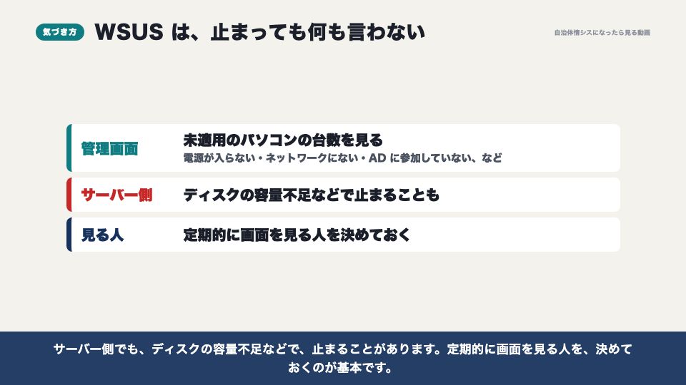 動画の画面：止まったときの気づき方（更新を配る（WSUS））