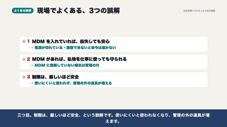動画の画面:現場でよくある誤解(スマートフォン・持ち出し端末(MDM))