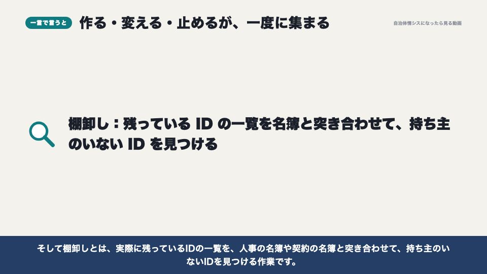動画の画面：一言で言うと（アカウントの棚卸しと、異動の季節）