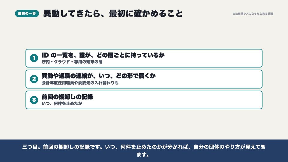 動画の画面：異動してきたら最初に確かめること（アカウントの棚卸しと、異動の季節）