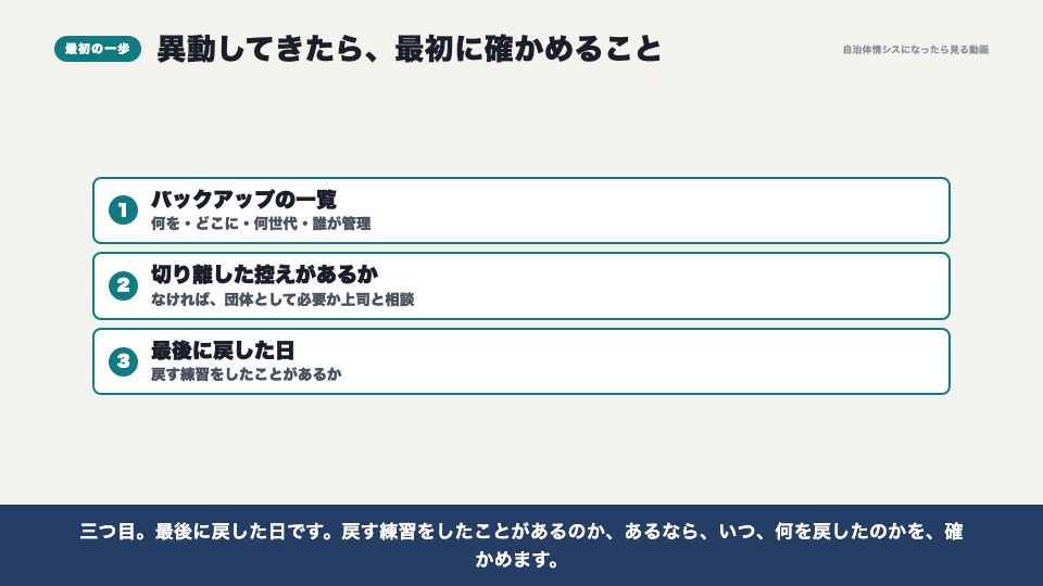 動画の画面：異動してきたら最初に確かめること（バックアップと復旧）