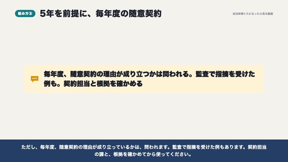 動画の画面:毎年度の随意契約(予算と契約の年度の壁)