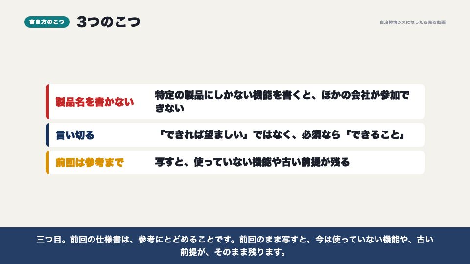 動画の画面:書き方のこつ(仕様書の作り方)
