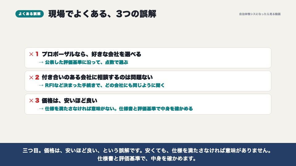 動画の画面:現場でよくある誤解(入札とプロポーザル、調達の公平性)