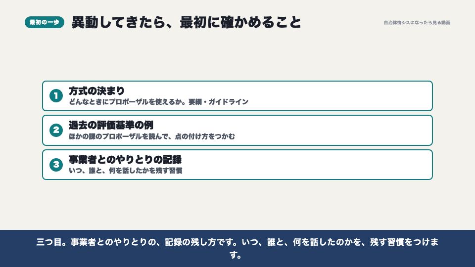 動画の画面:異動してきたら最初に確かめること(入札とプロポーザル、調達の公平性)