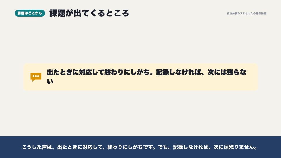 動画の画面:課題はどこから出てくるか(運用中の課題を管理する)