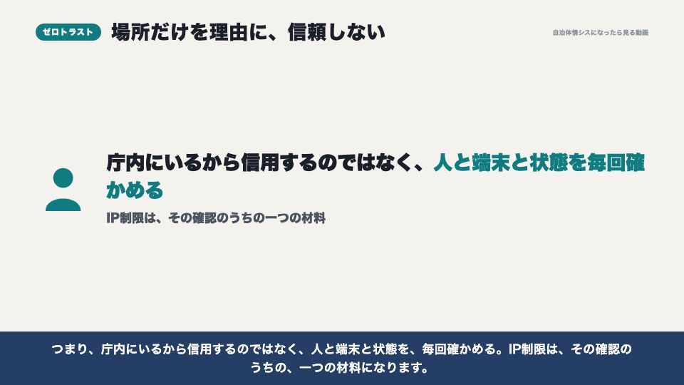 動画の画面：ゼロトラストの考え方（ゼロトラストと、IP制限は絶対じゃない理由）