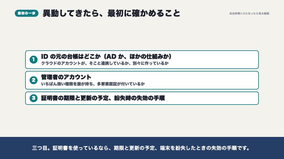 動画の画面:異動してきたら最初に確かめること(IDaaSとデバイス証明書)