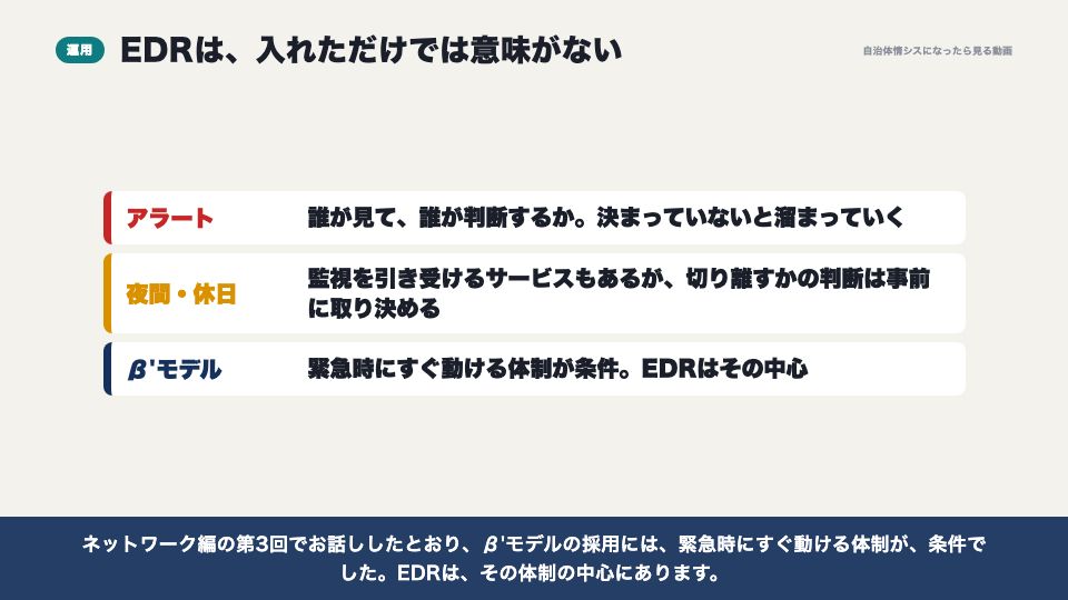 動画の画面：運用がすべて（EPP・EDRと、セキュリティ編のふり返り）
