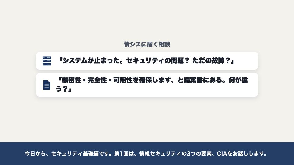動画の画面:はじめに(情報セキュリティの3要素(CIA))